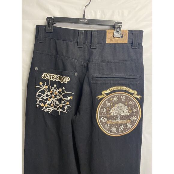 Vintage Raw Blue Jeans Black Denim Baggy Y2K Zodiac Grunge Rap Embroidered 34/34 - Picture 1 of 9